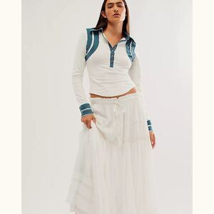 Free People Wednesday Polo Tee Blouse Top Long Sleeve Contrast Ivory S 281814